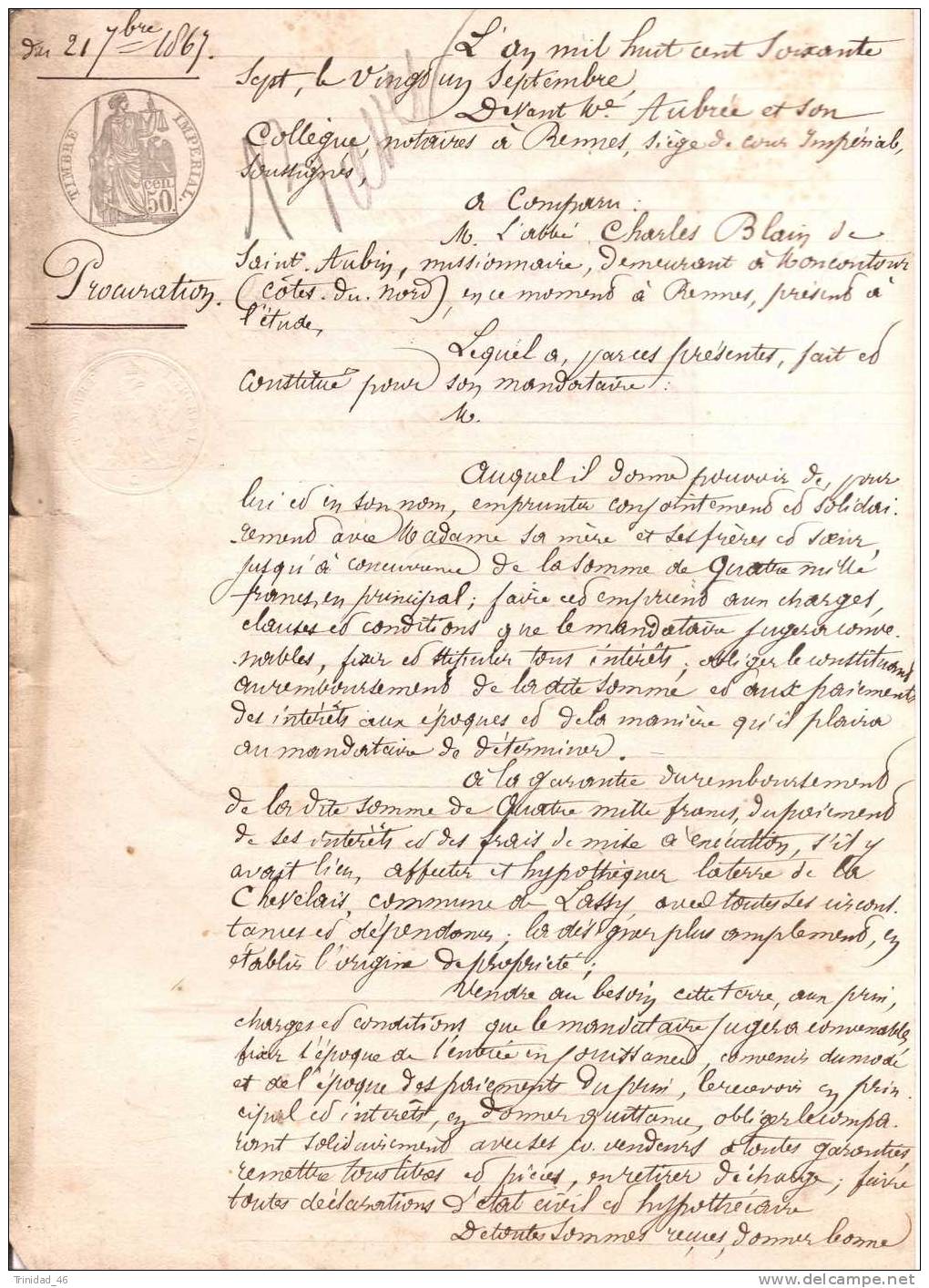 MONCONTOUR 22 ( VIEUX PARCHEMIN DE 1867 )  EXCEPTIONEL ! ! ! - Manuscrits