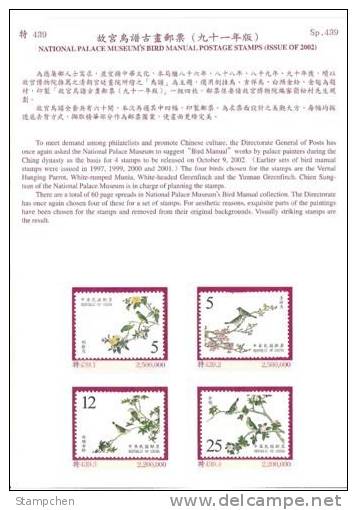 Folder Taiwan 2002 Ancient Chinese Bird Manual Painting Stamps Fauna Flower - Nuovi