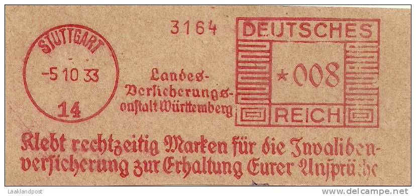 Germany Nice Cut Meter Landes Unfalt Invalidenversicherung Sturtgart 5-10-1933 Freistempel 3164 - Frankeermachines (EMA)