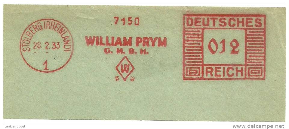 Germany Nice Cut Meter WILLIAM PRYM, Stolbergirrheinland, 28-2-1933  Freistempel 7150 - Frankeermachines (EMA)