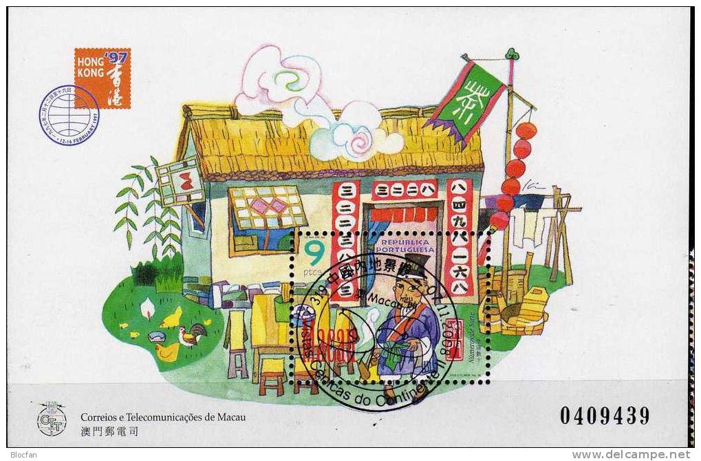 BMA Hong Kong 1997 MACAU Macao 898 Als Block 42 O 8€ Chinesische Glückszahlen Verkäufer Mit Zahlen Am Eingang - Blokken & Velletjes