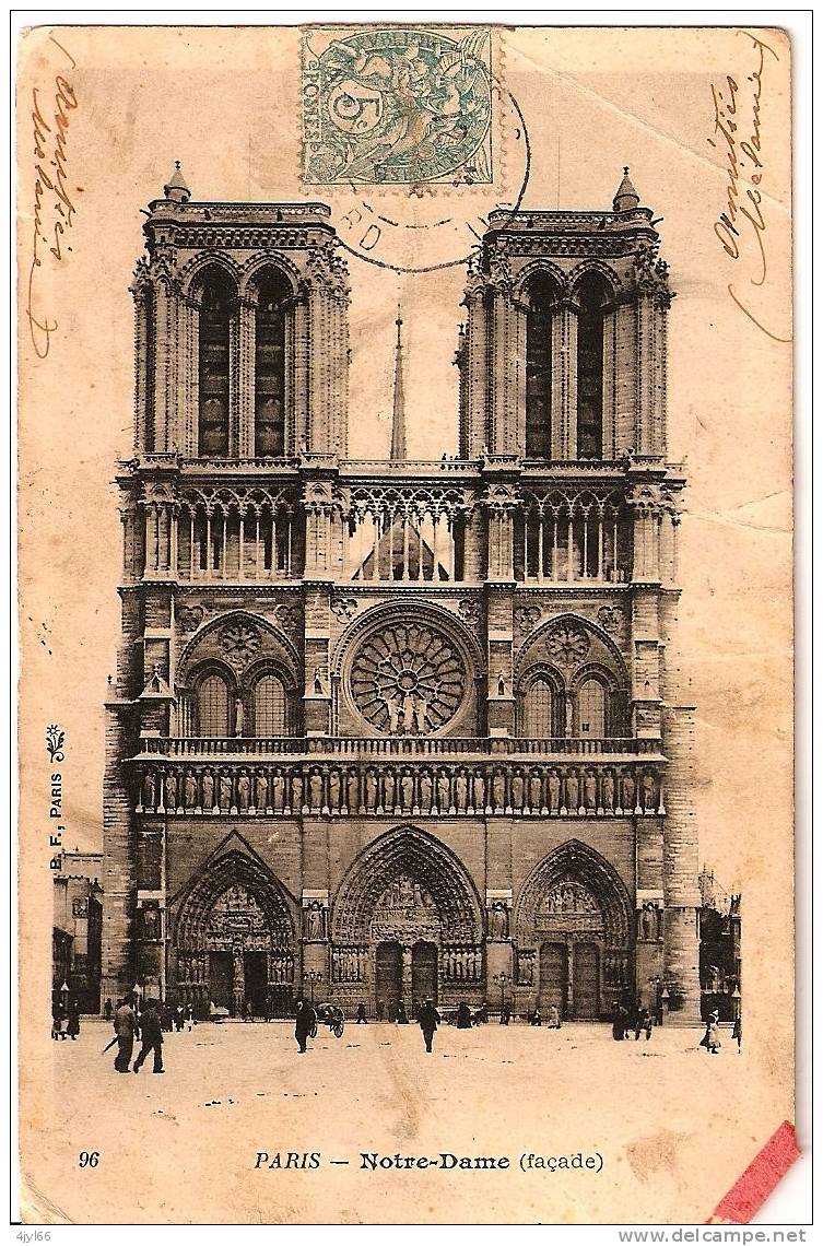 CPA  PARIS - Façade De NOTRE-DAME - Animation - Cachet 1904 ?? Sur N° 111 (Blanc) - Carte Abimée - Notre Dame De Paris