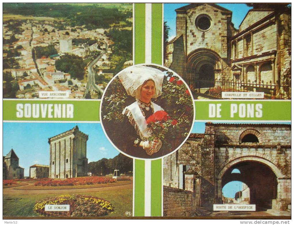 17 - Souvenir De PONS - Vue Aérienne, Le Donjon, La Voute De L´Hospice Et La Chapelle St-Gilles. - Pons