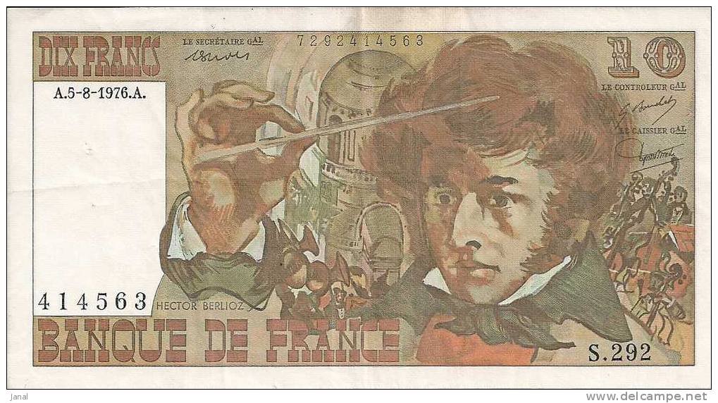 - FRANCE - BILLETS - 10 F - BERLIOZ - A - 5 - 8 - 1976 . A - N) 414563 - S. 292 - 10 F 1972-1978 ''Berlioz''