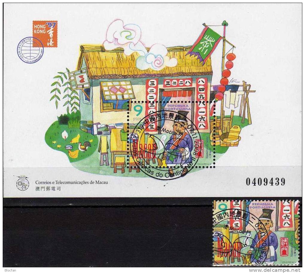 BMA Hong Kong 1997 MACAU Macao 898 Plus Block 42 O 14€ Chinesische Glückszahlen Verkäufer Mit Zahlen Am Eingang - Colecciones & Series