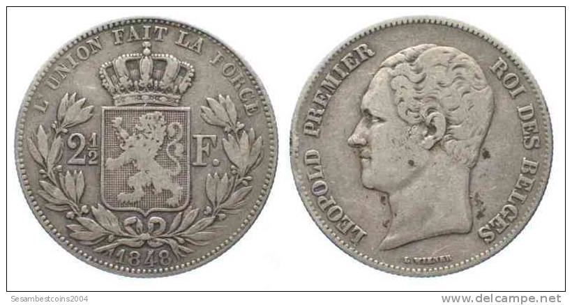 Belgien BELGIUM 2-1/2 Francs 1848 LEOPOLD I Small Head Silver VF - RARE!!! # 58572 - 2 ½ Francs