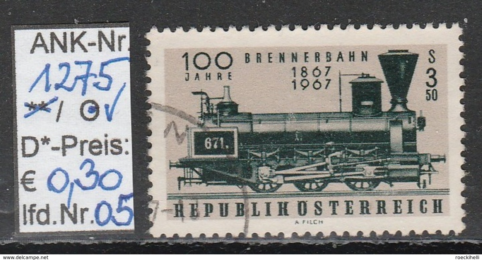 23.9.1967 - SM  "100 Jahre Brennerbahn" -  O Gestempelt   - Siehe Scan  (1275o 01-08) - Gebruikt