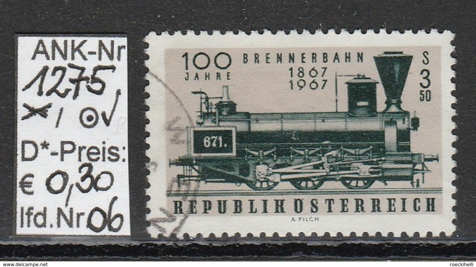 23.9.1967 - SM  "100 Jahre Brennerbahn" -  o gestempelt   - siehe Scan  (1275o 01-08)