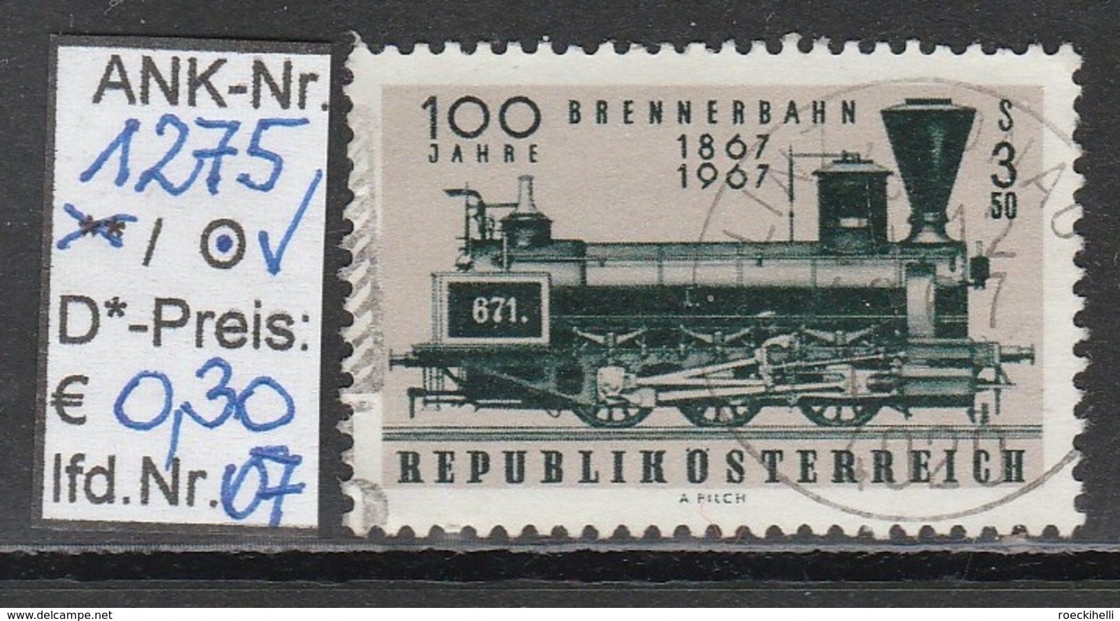 23.9.1967 - SM  "100 Jahre Brennerbahn" -  o gestempelt   - siehe Scan  (1275o 01-08)