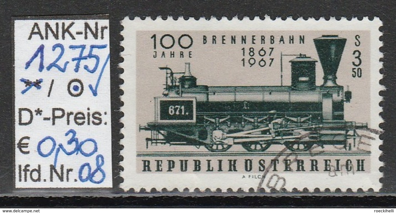 23.9.1967 - SM  "100 Jahre Brennerbahn" -  o gestempelt   - siehe Scan  (1275o 01-08)