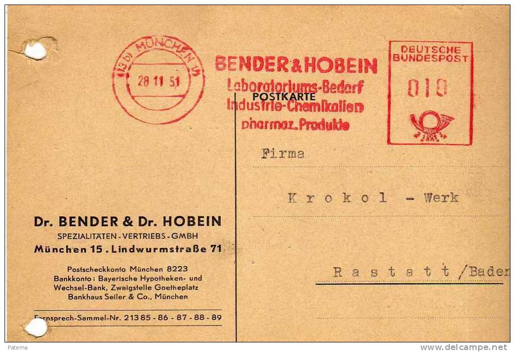 Tarjeta Comercial  MUNCHEN 1951, Farmacia (Alemania),entier Postal - Covers & Documents