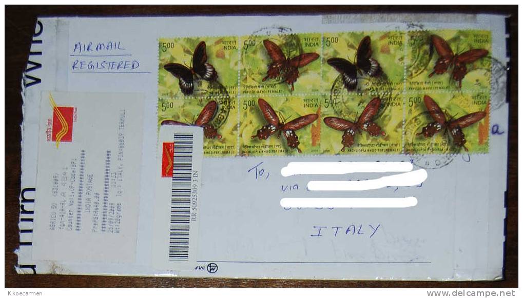 INDIA 2008 2009 BUTTERFLY FAUNA Farfalla Animal INSECT Registred Letter Complete Cover - Covers & Documents