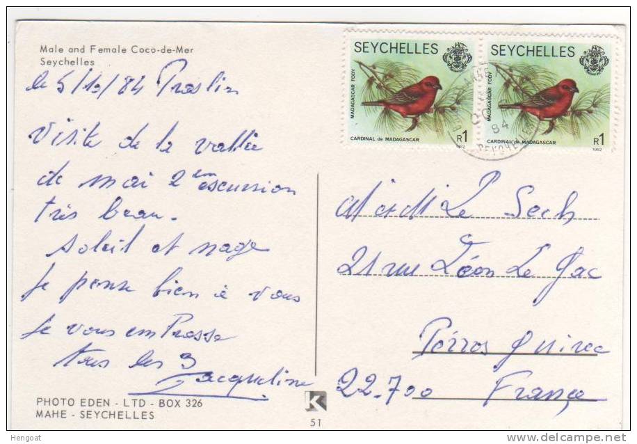 2 Timbres "  Oiseau : Cardinal De Madagascar "  / Carte, Postcard  Du 5/10/84 Pour La France , 2 Scans - Seychelles (1976-...)