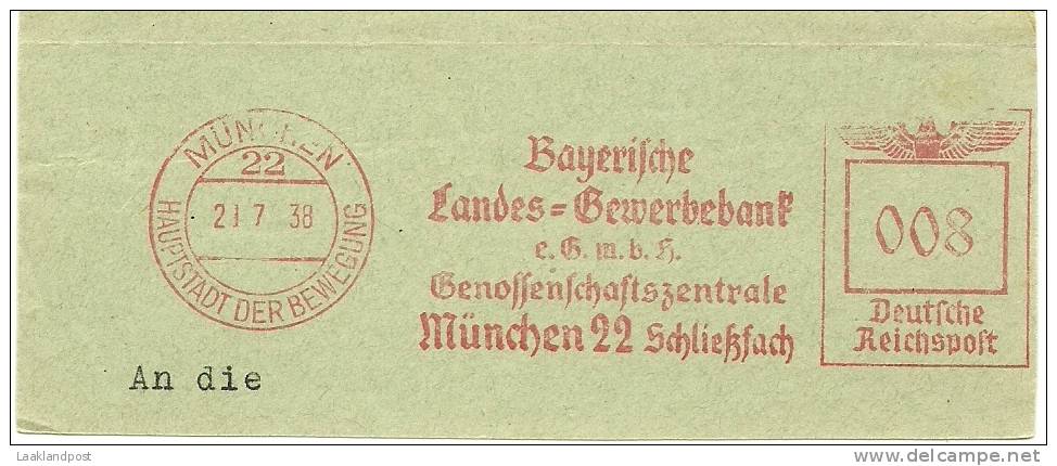 Germany Nice Cut Meter Bayerische Landes Bewerbebank, Munchen 21-7-1938 Freistempel - Frankeermachines (EMA)