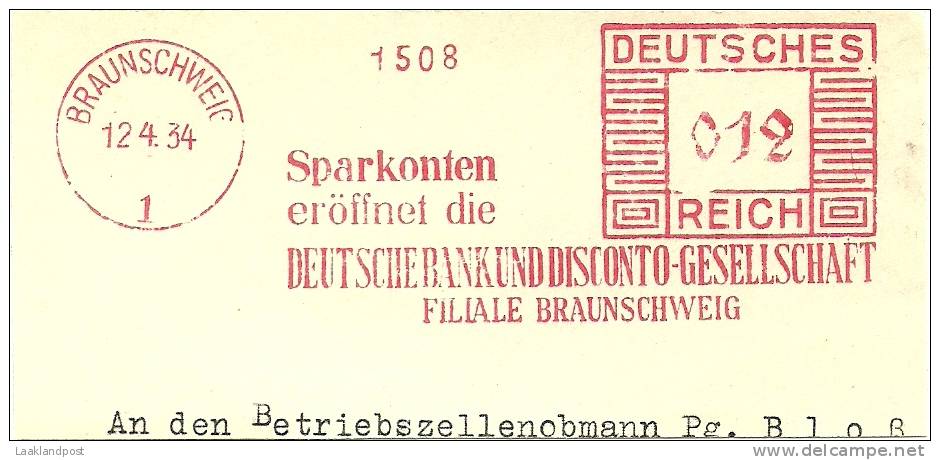 Germany Nice Cut Meter Sparkonten Eroffenet Die Deutschebank Braunschweig 12-4-1934 Freistempel 1508 - Frankeermachines (EMA)