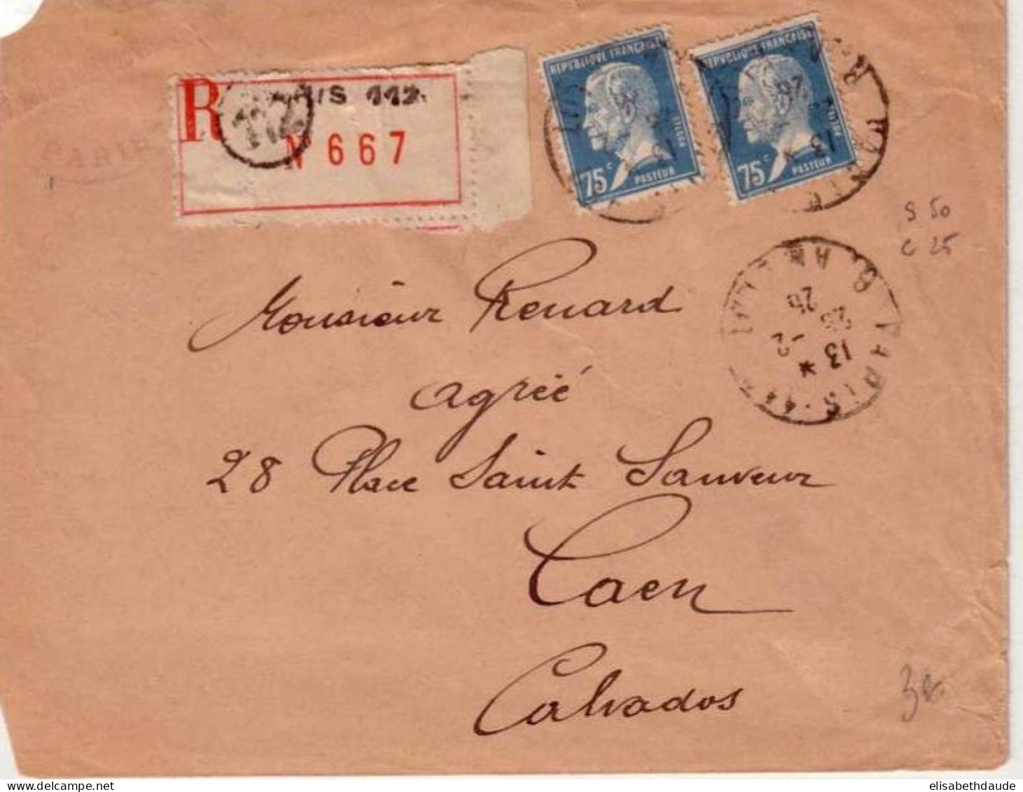 PASTEUR - Yvert N° 177 X 2 Sur LETTRE RECOMMANDEE De PARIS  Pour CAEN (CALVADOS) En 1926 - 1922-26 Pasteur