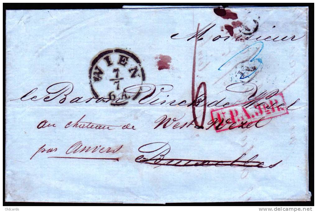 Lettre  "wien7/7" 1854 Pour Bruxelles.réexpédiée Vers Westwezel + Oval Bleu DEBOURSE/BRUXELLES. - Autres & Non Classés