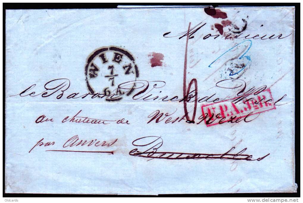 Lettre  "wien7/7" 1854 Pour Bruxelles.réexpédiée Vers Westwezel + Oval Bleu DEBOURSE/BRUXELLES. - Sonstige & Ohne Zuordnung