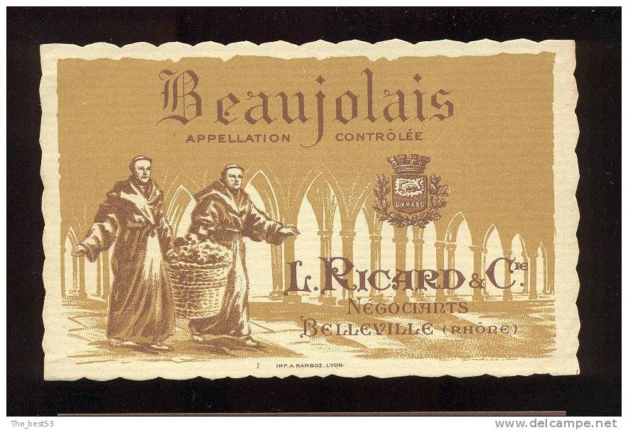 Etiquette De Vin Beaujolais -  L. Ricard à Belleville  (69)   -   Thème Religion Moines - Religioni