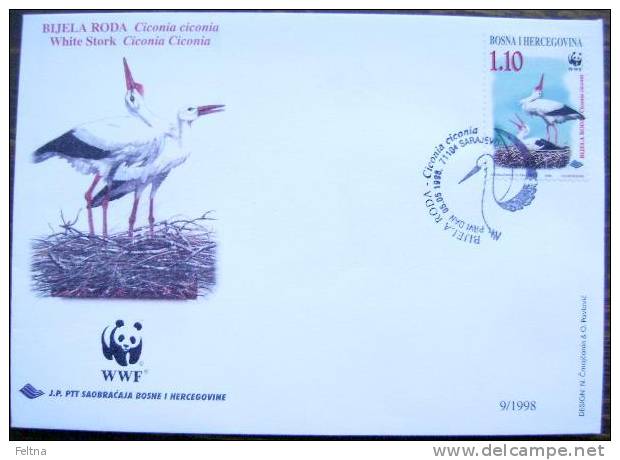 1998 BOSNIA AND HERZEGOVINA FDC BOSNA WWF STORK 3 - Storks & Long-legged Wading Birds