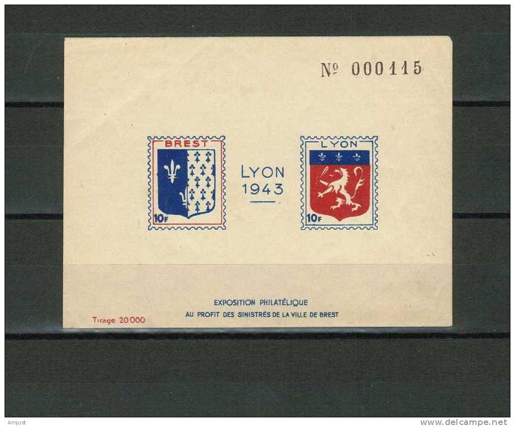 Vignette Lyon, Exposition Philatélique Au Profit Des Sinistrés De La Ville De Brest (tirage 20 000) - Souvenir Blocks & Sheetlets