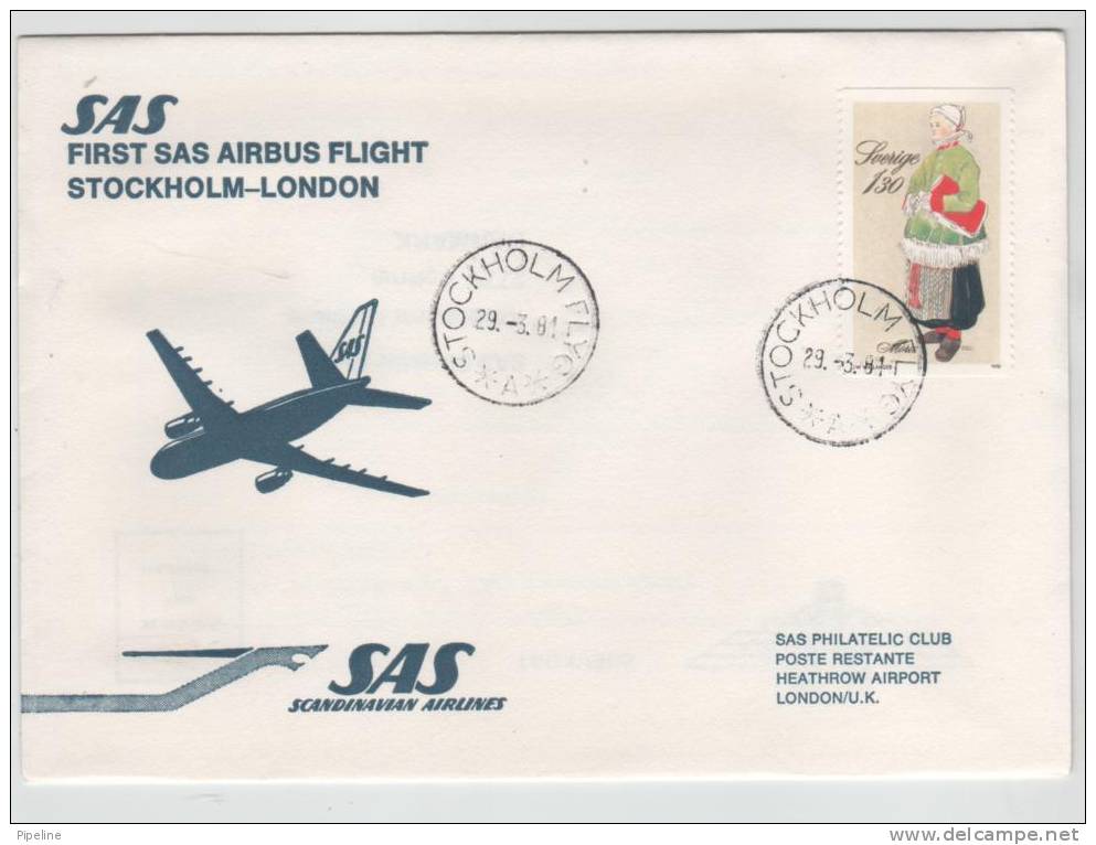 Sweden First SAS Airbus Flight Stockholm - London 29-3-1981 - Storia Postale