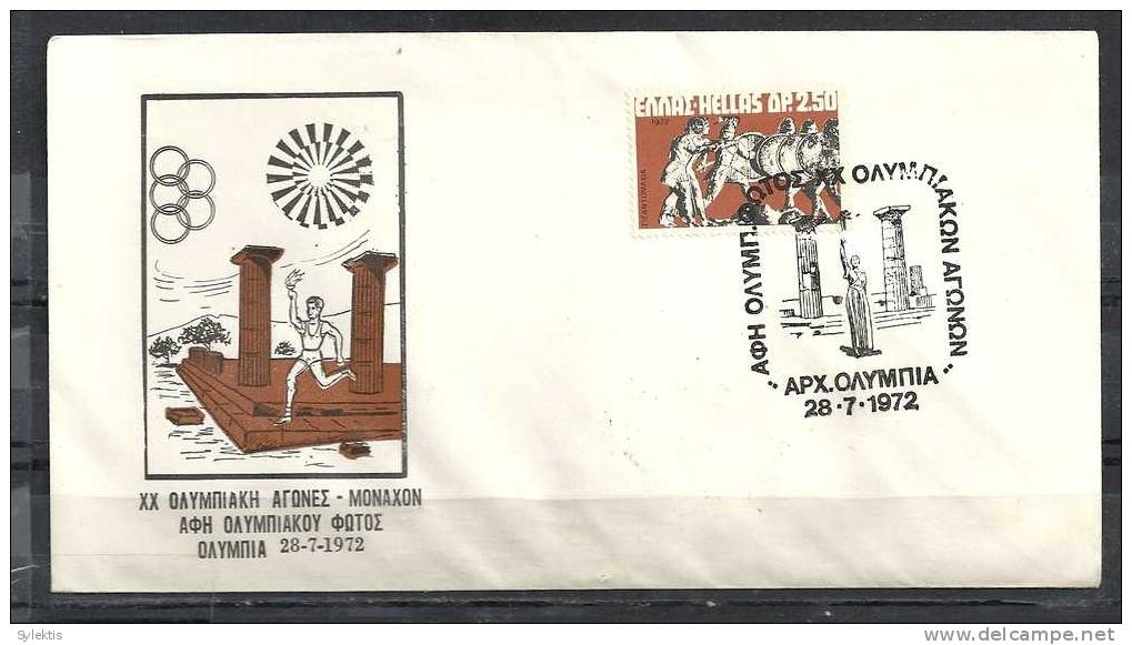 GREECE ENVELOPE (B 0055)  XX OLYMPIC GAMES - MUNICH TOUCH OLYMPIC FLAME - ANCIENT OLYMPIA   28.7.1972 - Postal Logo & Postmarks