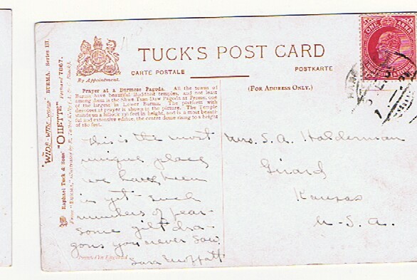 Indian Stamps Used In Burma  (Rangoon) 1906  To USA  Superb  Tuck Oilette Post Card - Birmanie (...-1947)