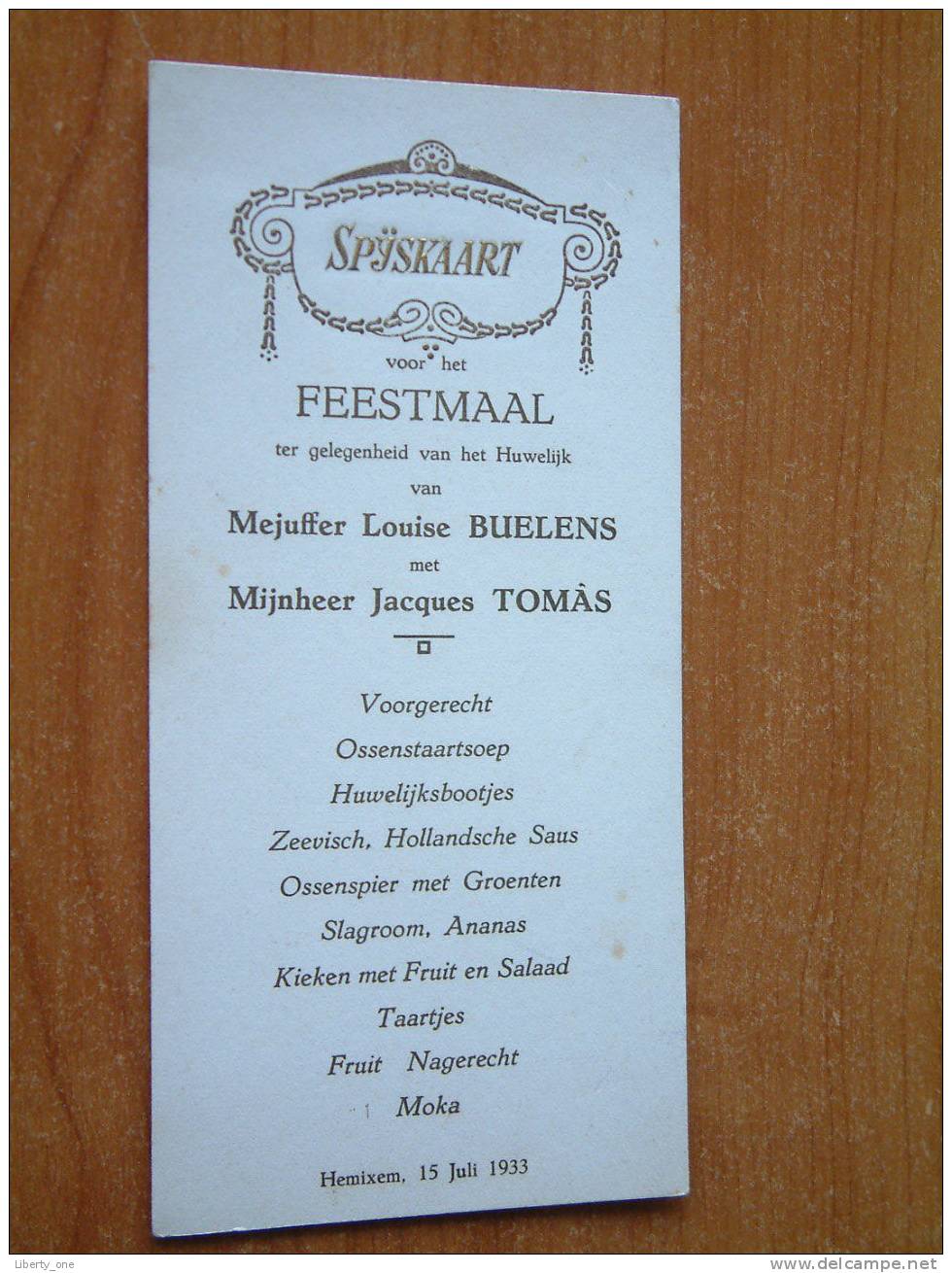 Huwelijk Van TOMAS Jacques Met BUELENS Louise / Hemixem 15 Juli 1933 ( Details Zie Foto ) ! - Menus
