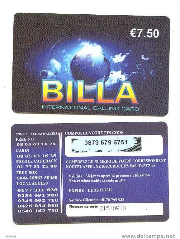 FRANKRIJK   1  INTERNATIONAL CALLING CARD BILLA - 600 Bedrijven