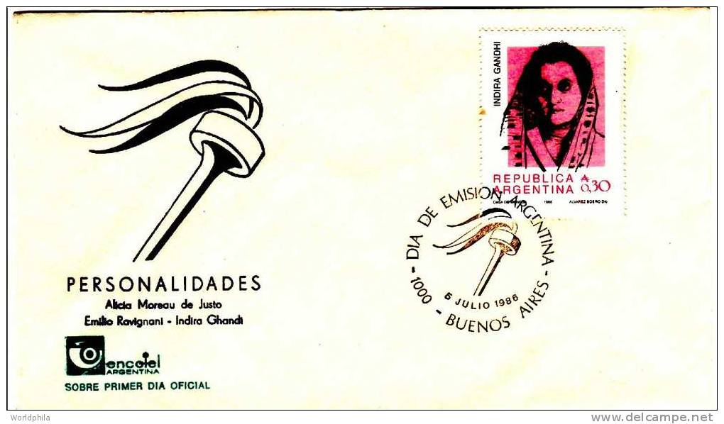 ARGENTINA  Indira GANDHI-politician Leader, Cacheted FDC 1986 - Mahatma Gandhi