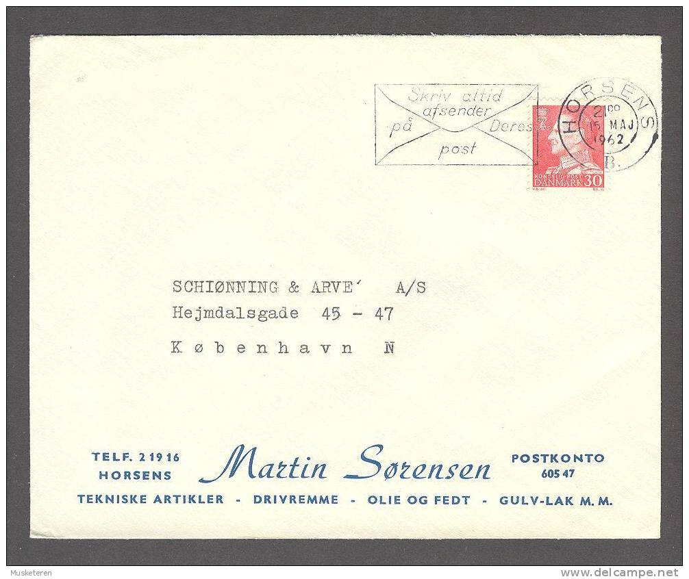 Denmark MARTIN SØRENSEN Tekniske Artikler Drivremme Olie & Fedt Gulv-lak HORSENS 1962 Commercial Cachet Cover - Covers & Documents