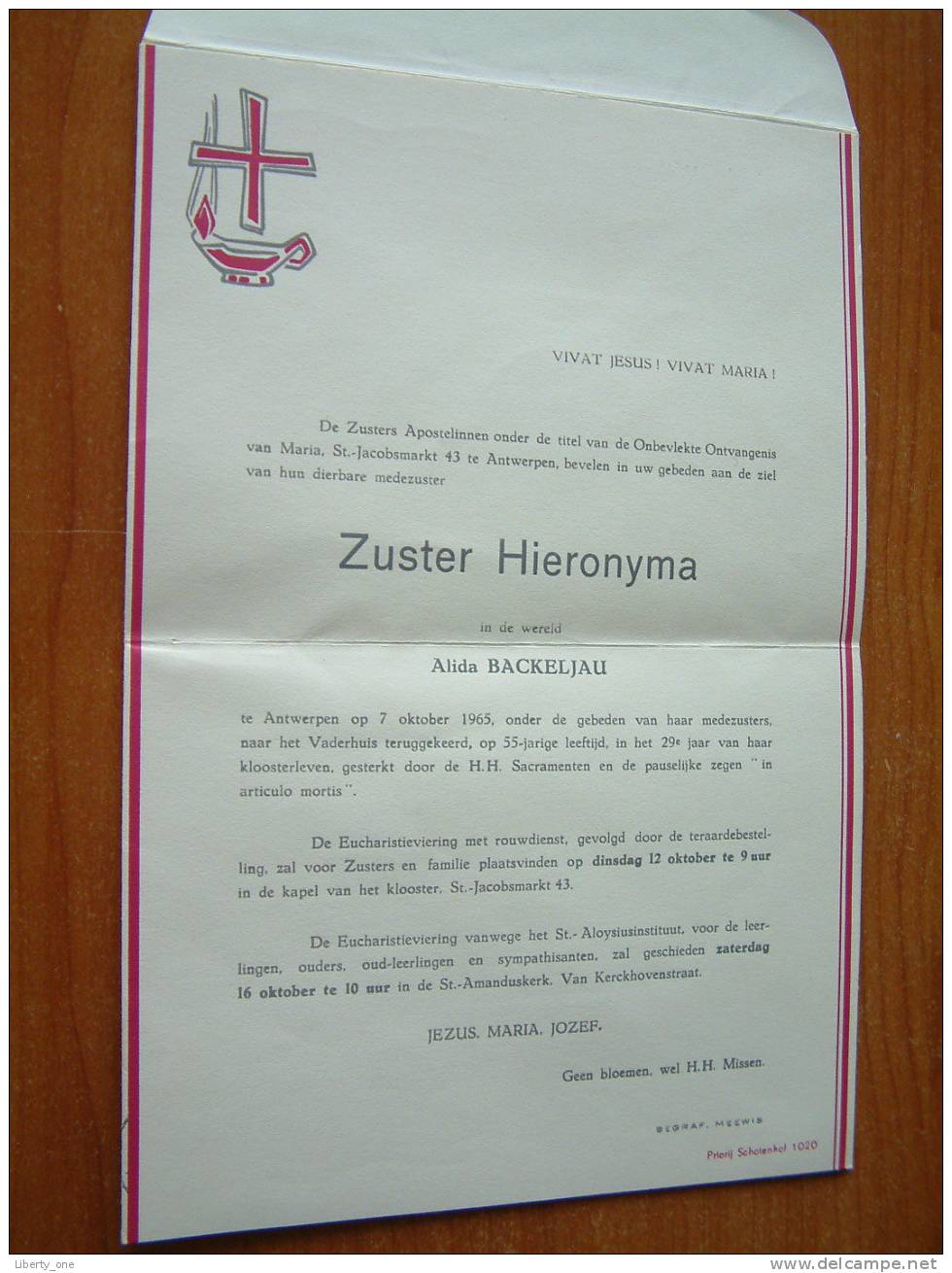 Zuster HIERONYMA ( Alida Backeljau ) 7 Oktober 1965 ( Doodsbrief - Details Zie Foto ) !! - Other & Unclassified