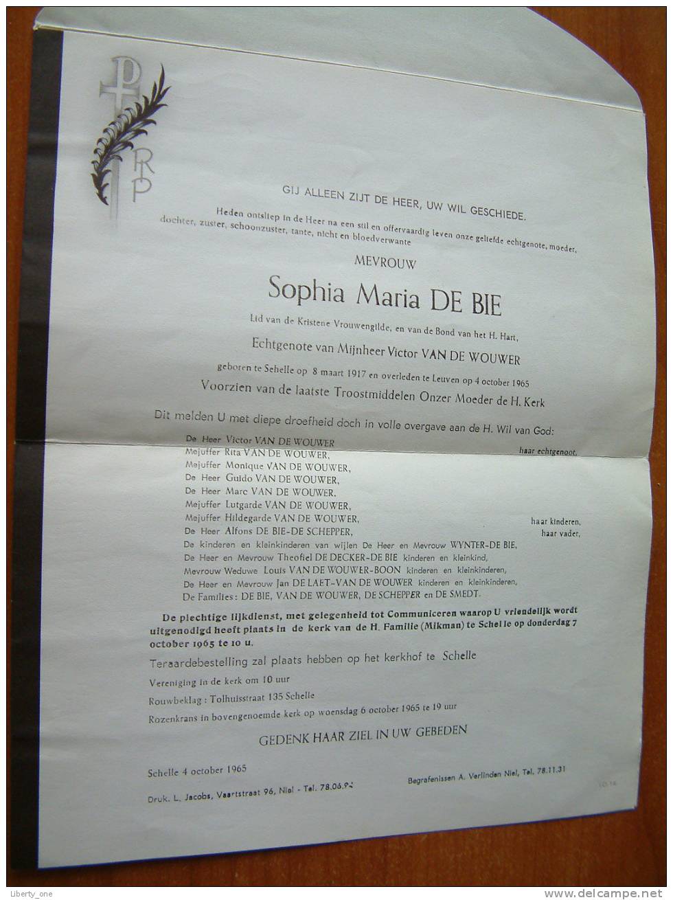 Sophia Maria DE BIE Schelle 8-03-1917 / Leuven 4-10-1965 ( Doodsbrief - Details Zie Foto ) !! - Autres & Non Classés