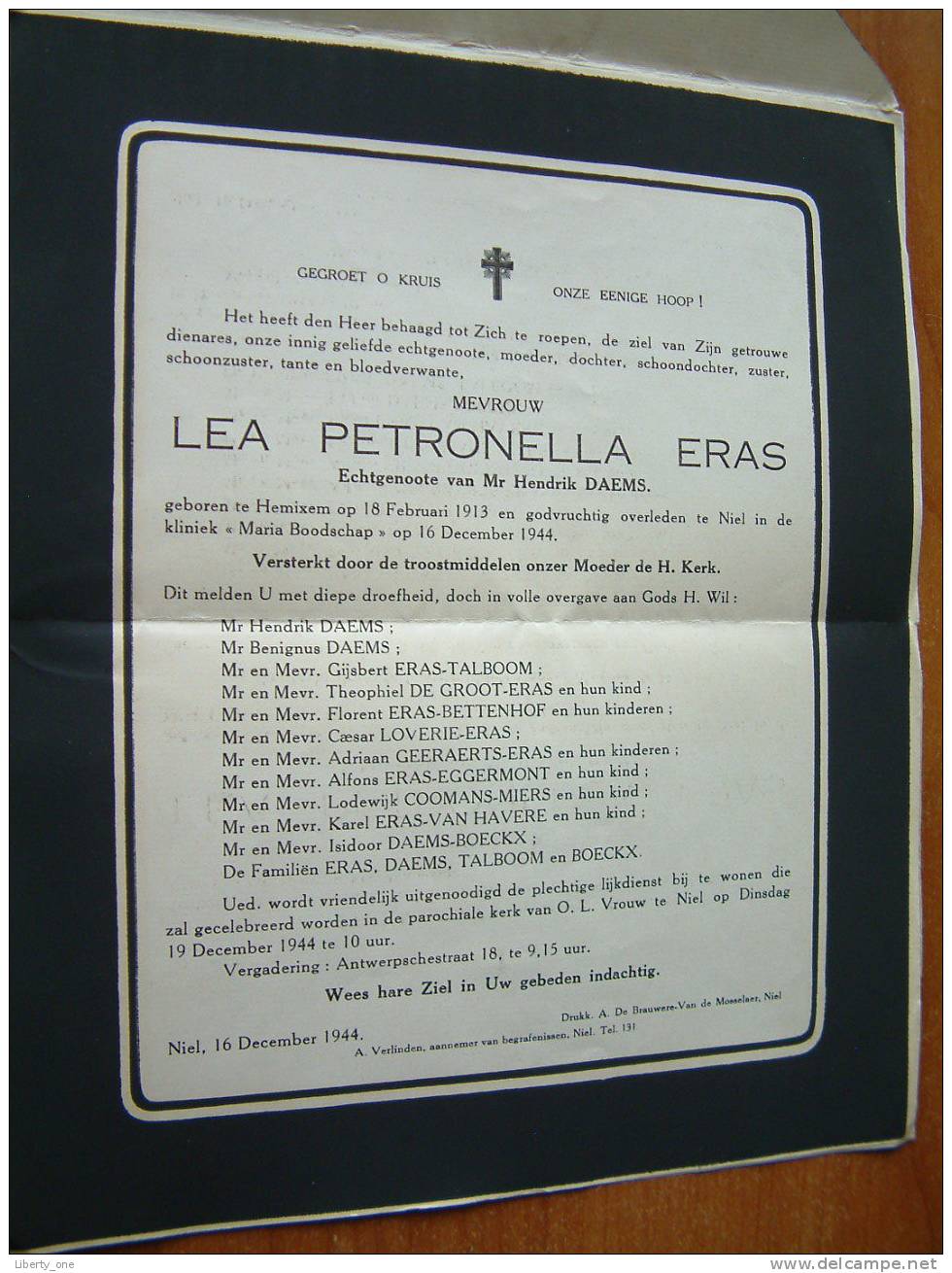 LEA PETRONELLA ERAS Hemixem 18-02-1913 / Niel 16-12-1944 ( Doodsbrief - Details Zie Foto ) !! - Other & Unclassified