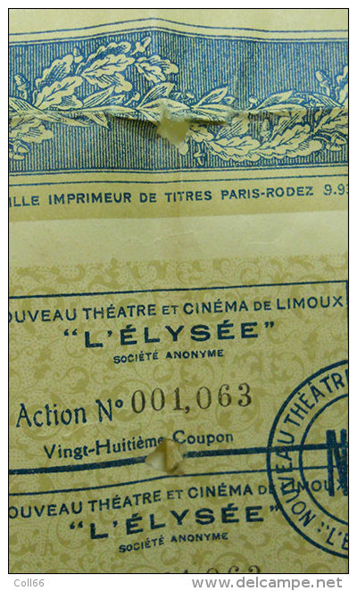 1929 Nouveau Théatre Et Cinéma "LElysée"Limoux Action De 500Fr Au Porteur Poste Inclus/Europe état - Cinéma & Théatre