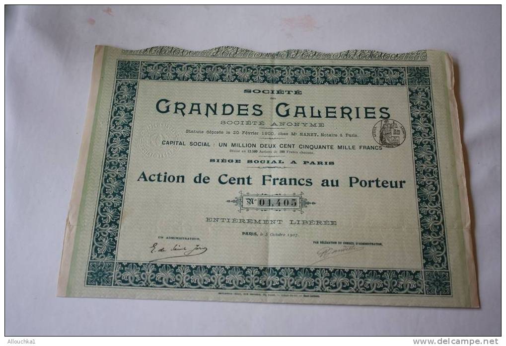 1907 -SCRIPOPHILIE: ACTION -TITRE - BON PERIMES: SOCIETE DES GRANDES GALERIES - Industrie