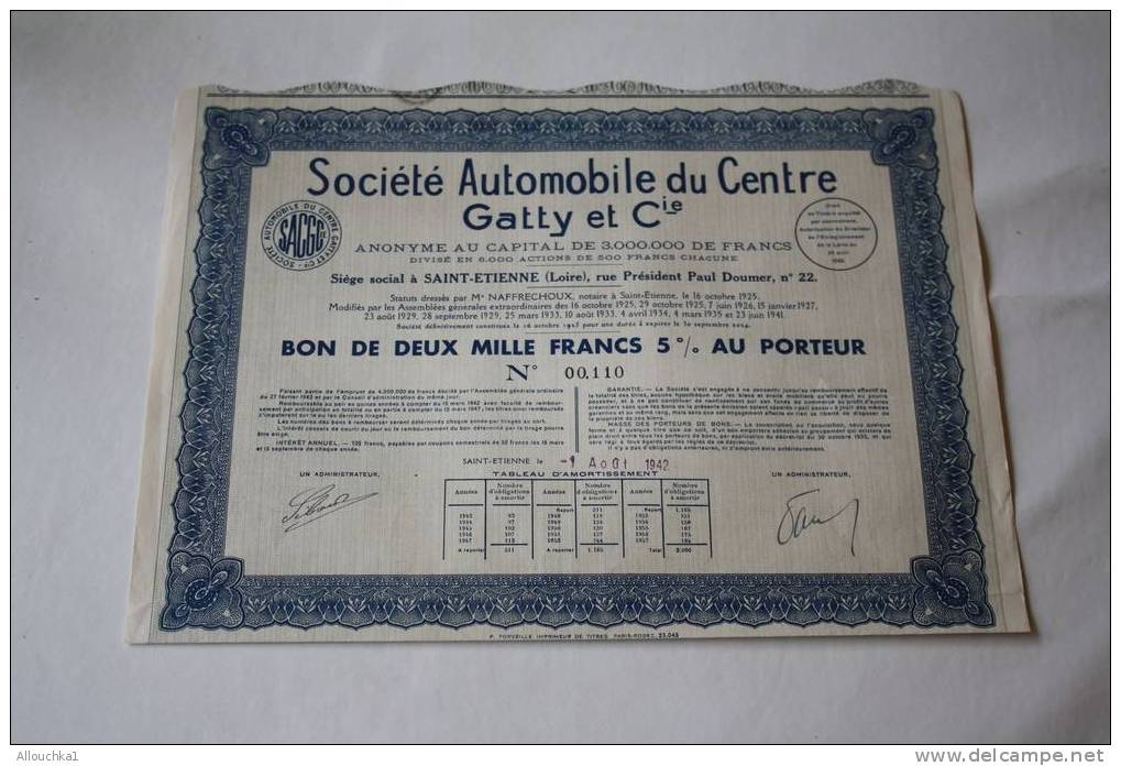 1942 -SCRIPOPHILIE: ACTION -TITRE - BON PERIMES:STE AUTOMOBILE DU CENTRE  GATY & CIE - VOITURE- - - Automobil