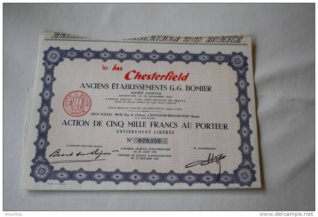 1958 -SCRIPOPHILIE: ACTION -TITRE - BON PERIMES : LES BAS CHESTERFIELD -BOULOGNE-BILLANCOURT - Profumi & Bellezza