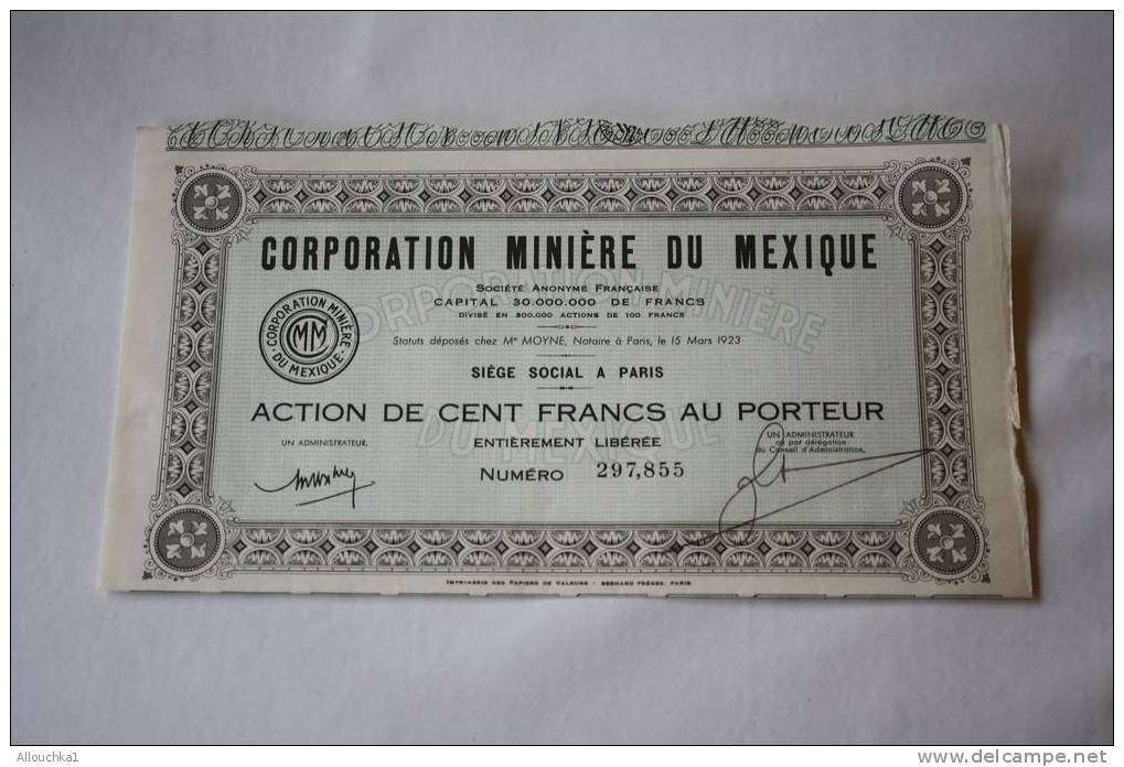 1923 -SCRIPOPHILIE: ACTION -TITRE - BON PERIMES : CORPORATION MINIERE DU MEXIQUE - Mines