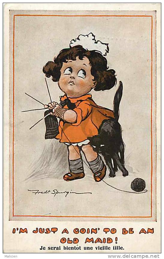 THEMES- Ref  C814- Illustrateur  Enfants - Fred Spurgin - Fillette Et Chat Noir - Tricot   - Carte Bon Etat - - Spurgin, Fred