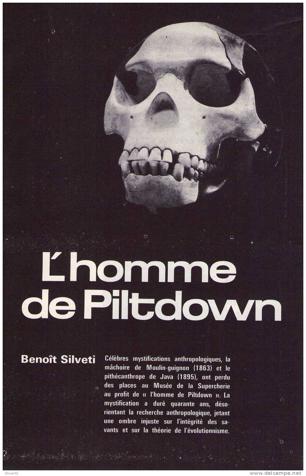 Article : L´HOMME DE PILTDOWN  Benoit SILVETI (CHARLES DAWNSON) - Biografie