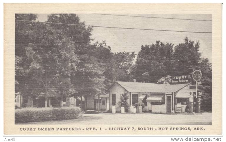 Hot Springs AR Arkansas, Court Green Pastures Cottages Motel And Gulf Gas Station On C1940s Vintage Postcard - Hot Springs