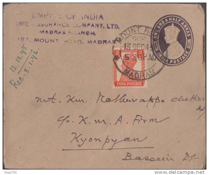 Br India King George Vl, PSE, Postal Stationery Envelope, Used, India As Per The Scan - 1936-47 Roi Georges VI