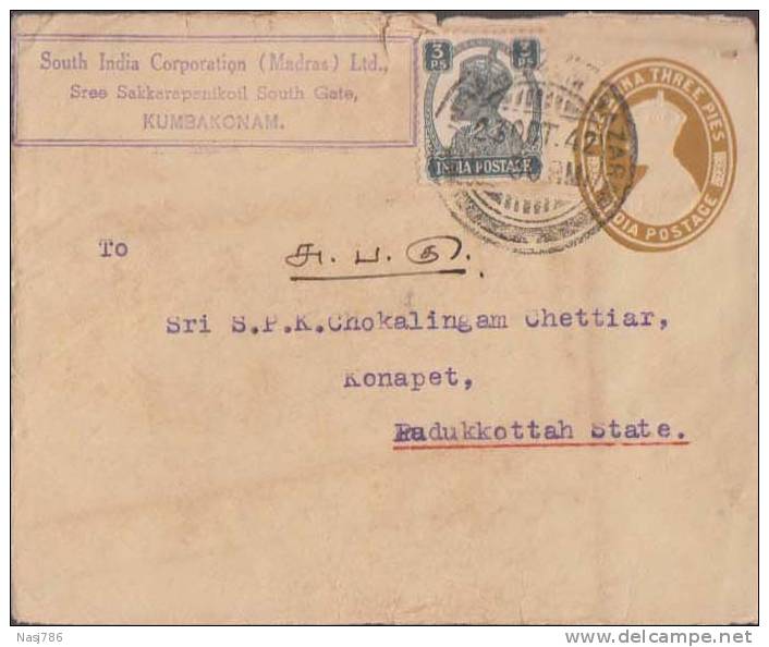 Br India King George Vl, PSE, Postal Stationery Envelope, Used, India As Per The Scan - 1936-47 Roi Georges VI