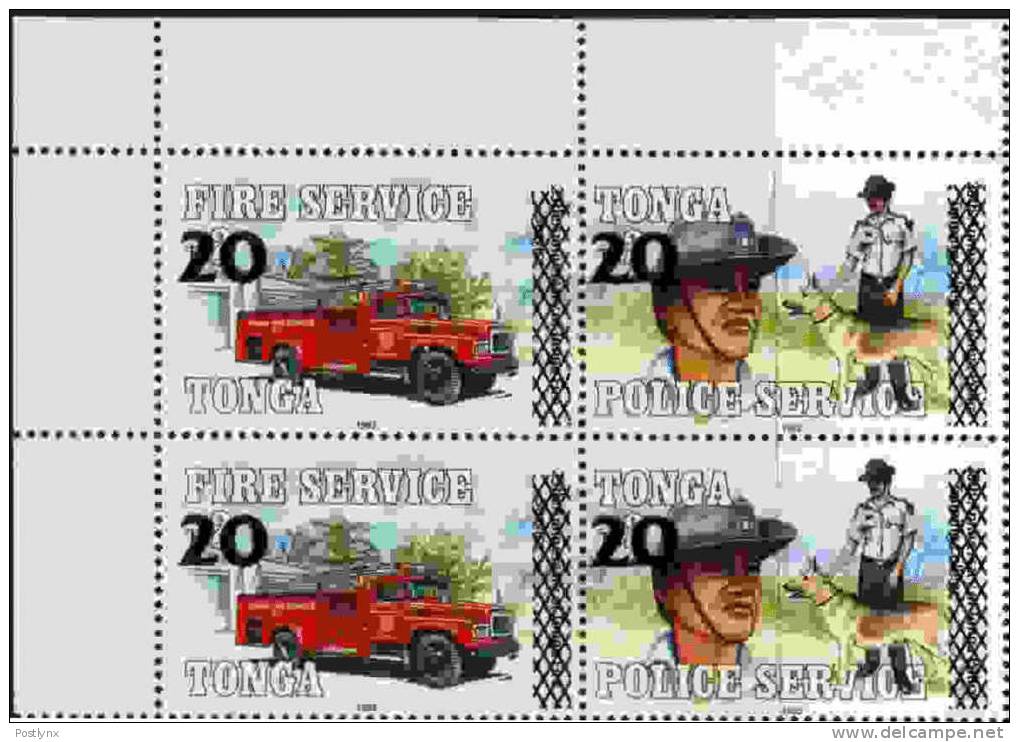 TONGA 1997 Fireman Police Dog Truck OVPT:new Value .se-tenant 4-BLOCK  [Aufdruck,surimprimé,sobreimpreso,soprastampato,o - Vrachtwagens