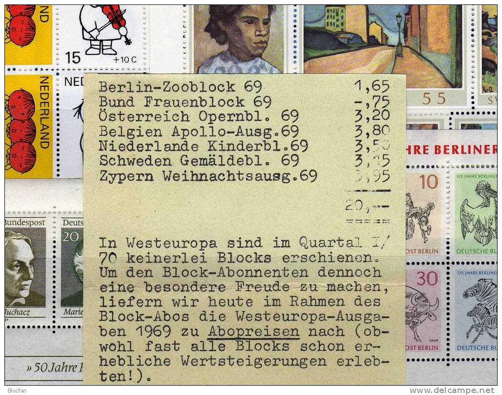 Block Abo Belgien Bl.40, S Bl.1, Cyprus Bl.7, NL Bl.8, A 1294/1KB, D Bl.5, Berlin Bl.2 ** 35€ Motive Auf Blocks - Blocks & Sheetlets