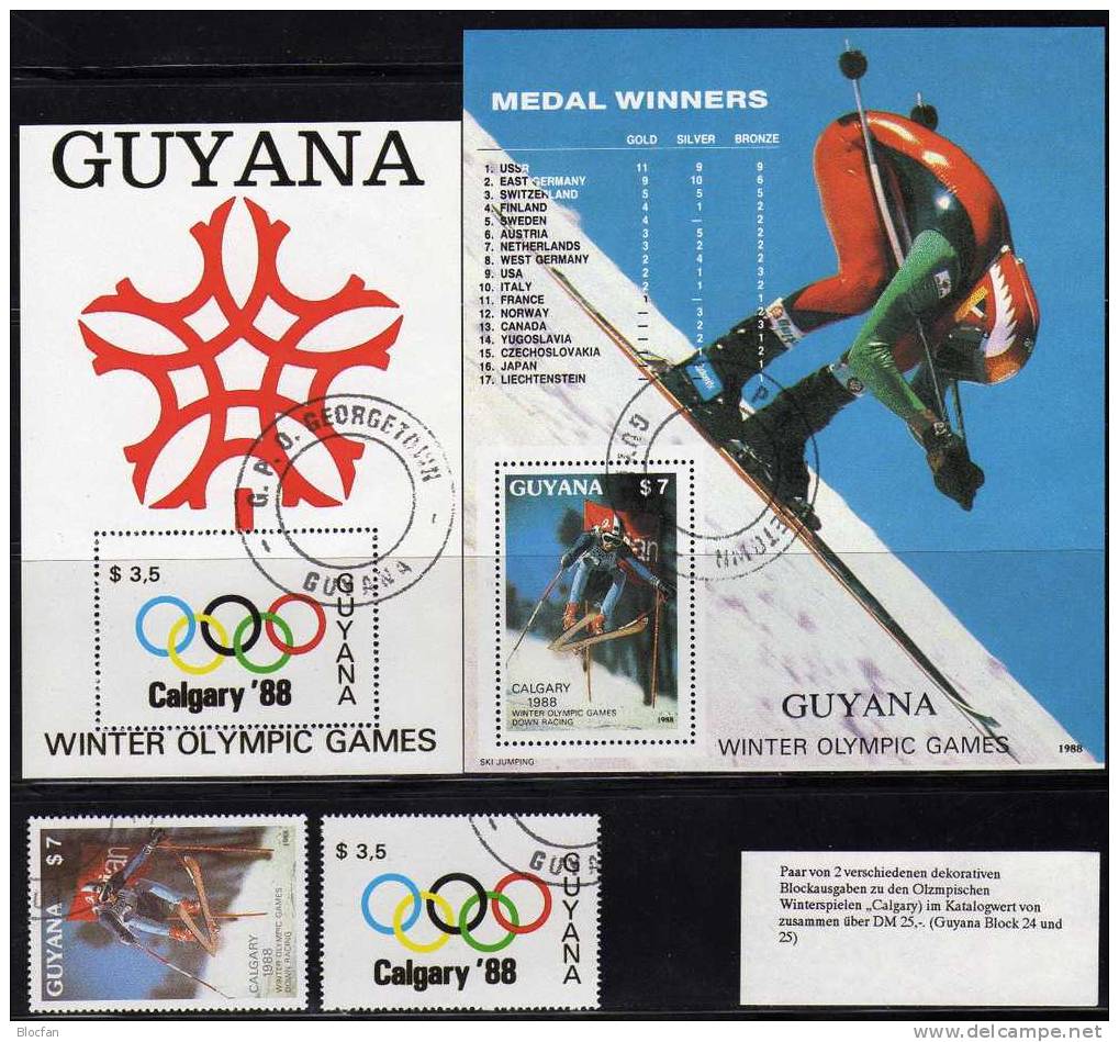 Winter-Olympiade Calgary 1988 GUYANA 2408/9 + Block 24/25 O 38€ Ski-Abfahrtslauf Olympische Ringe Sheet Olympic Bf Bloc - Invierno 1988: Calgary