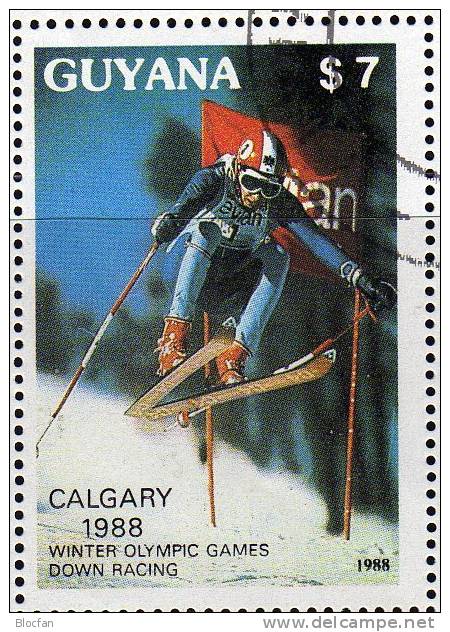 Winter-Olympiade Calgary 1988 GUYANA 2408/9 + Block 24/25 O 38€ Ski-Abfahrtslauf Olympische Ringe Sheet Olympic Bf Bloc - Invierno 1988: Calgary