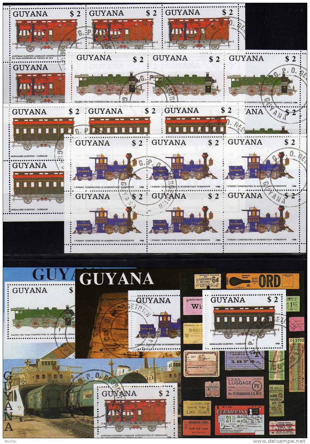 Eisenbahn 1989 GUYANA 2475/8,KB, Block 33-36 O 146€ Historische Lok Waggons Hernalser Schlafwagen Lokomotive 5 Forney Bf - Guyana (1966-...)